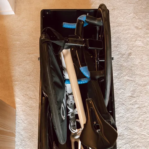 Erika Ackerlund's bike packed inside her open Vault Pro, from above