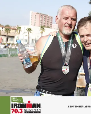 Arthur Mayo with his finisher's medal at IRONMAN 70.3 Slovenian Istria, 2018