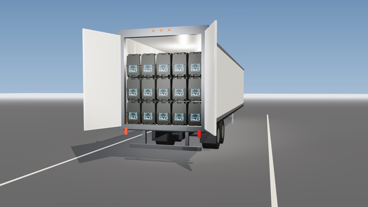 Illustration: a 53-foot trailer with its rear doors open, filled with Vault Pro cases